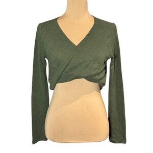 VTG Y2K Lotus Cropped Knit Top Sz.M Olive Green Twist Front Grunge